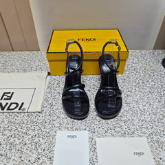 FENDI CHUNKY HIGH-HEELED SANDAL IN BLACK CALFKIN WITH GOLD HARDWARE