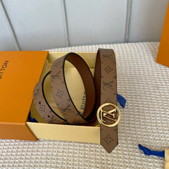 LV CIRCLE 25MM REVERSIBLE BELT MEDIUM BROWN MONOGRAM CALFSKIN GOLD HARDWARE