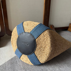 LAGRE WOODY TOTE BAG 48 IN NATURAL FIBERS BLUE DENIM BLACK CALFSKIN