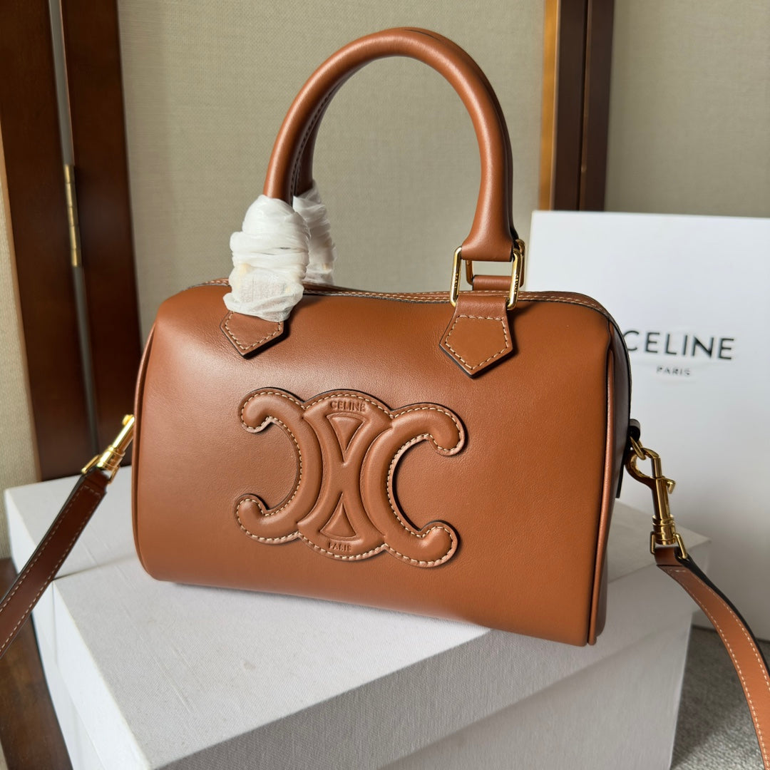 EMBOSSED CELINE TOP HANDLE BAG 20 IN BROWN CALFSKIN