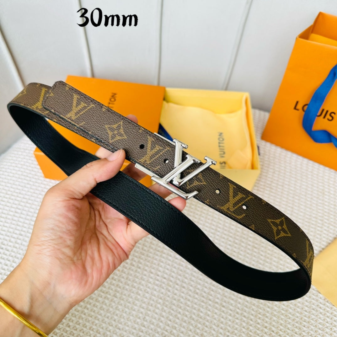 LV Initiales 30mm Reversible Belt Silver Rotating Buckle Black Brown Leather