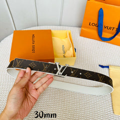 LV Initiales 30mm Reversible Belt Silver Rotating Buckle White Brown Leather
