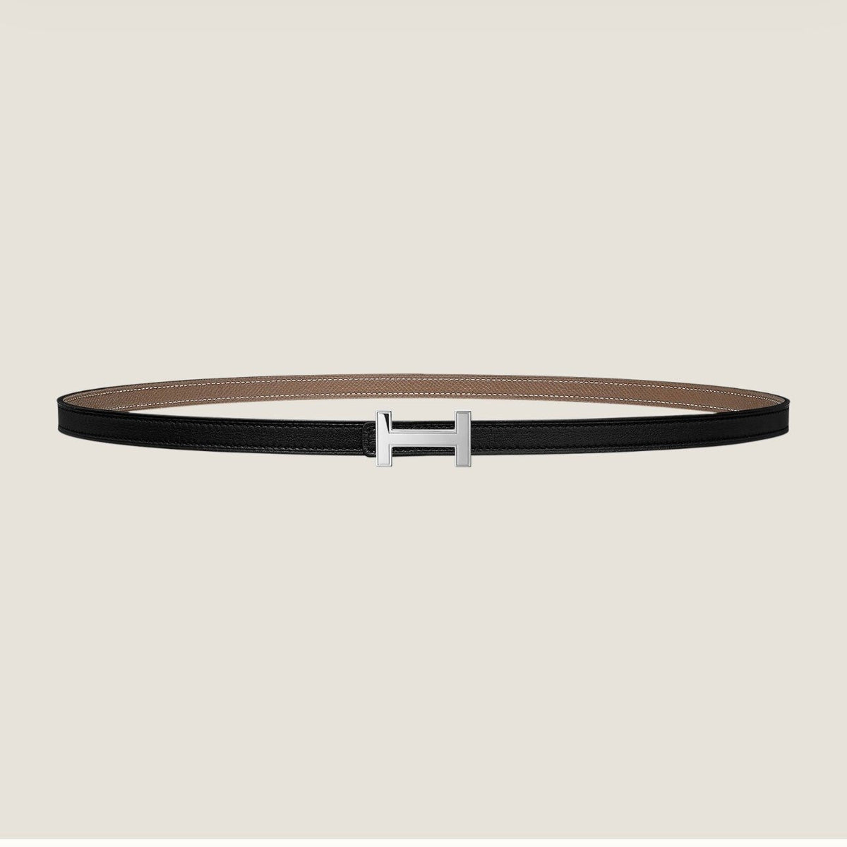 HM FOCUS BUCKLE & REVERSIBLE KHAKI BROWN AND BLACK LEATHER STRAP 13MM SILVER HARDWARE