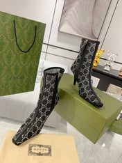 ANKLE BOOTS IN BLACK MESH AND SHEEPSKIN WITH GG CRYSTALS