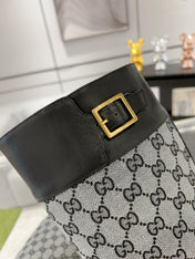 GG KNEE BOOTS IN LIGHT GRAY MONOGRAM CANVAS AND BLACK GLOSSY SHEEPSKIN