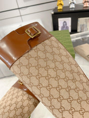 GG KNEE BOOTS IN BRONZE BROWN MONOGRAM CANVAS AND GLOSSY SHEEPSKIN