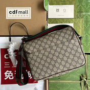 OPHIDIA MEDIUM MESSENGER BAG 27 IN BEIGE AND EBONY GG CALFSKIN GREEN RED WEB STRIPE CANVAS