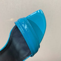 BALMAIN 25S SQUARE STRAP HIGH HEELS 100MM IN BLUE PATENT CALFSKIN