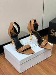 BALMAIN 25S SQUARE STRAP HIGH HEELS 100MM IN CARAMEL CALFSKIN
