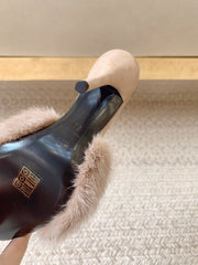 LA 16 HEELED MULES IN BEIGE RABBIT FUR AND SMOOTH LAMBSKIN