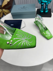 PRADA 26S SLINGBACK PUMPS 40MM IN APPLE GREEN SATIN CRYSTAL EMBELLISHED