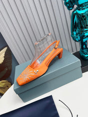 PRADA 26S SLINGBACK PUMPS 40MM IN ORANGE SATIN CRYSTAL EMBELLISHED