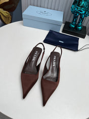 PRADA 26S POINTED TOE SLINGBACK 40MM IN DARK BROWN SATIN