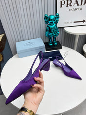 PRADA 26S POINTED TOE SLINGBACK 40MM IN PURPLE SATIN