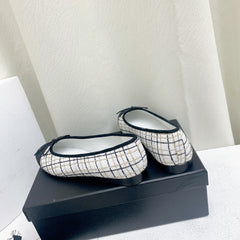 ballet flat white black tweed grosgrain