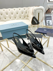 MEDIUM HEEL SLINGBACK ATTACHED CREATIVE FLOWERS IN BLACK PATENT CALFSKIN