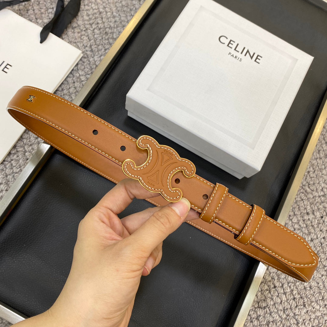 TRIOMPHE BELT 25MM IN BROWN CALFSKIN WITH LEATHER-COVERED BUCKLE AND WHITE STITCHING