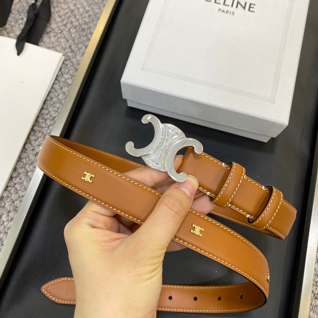 TRIOMPHE BELT 25MM IN BROWN CALFSKIN SILVER BUCKLE GOLD LOGO