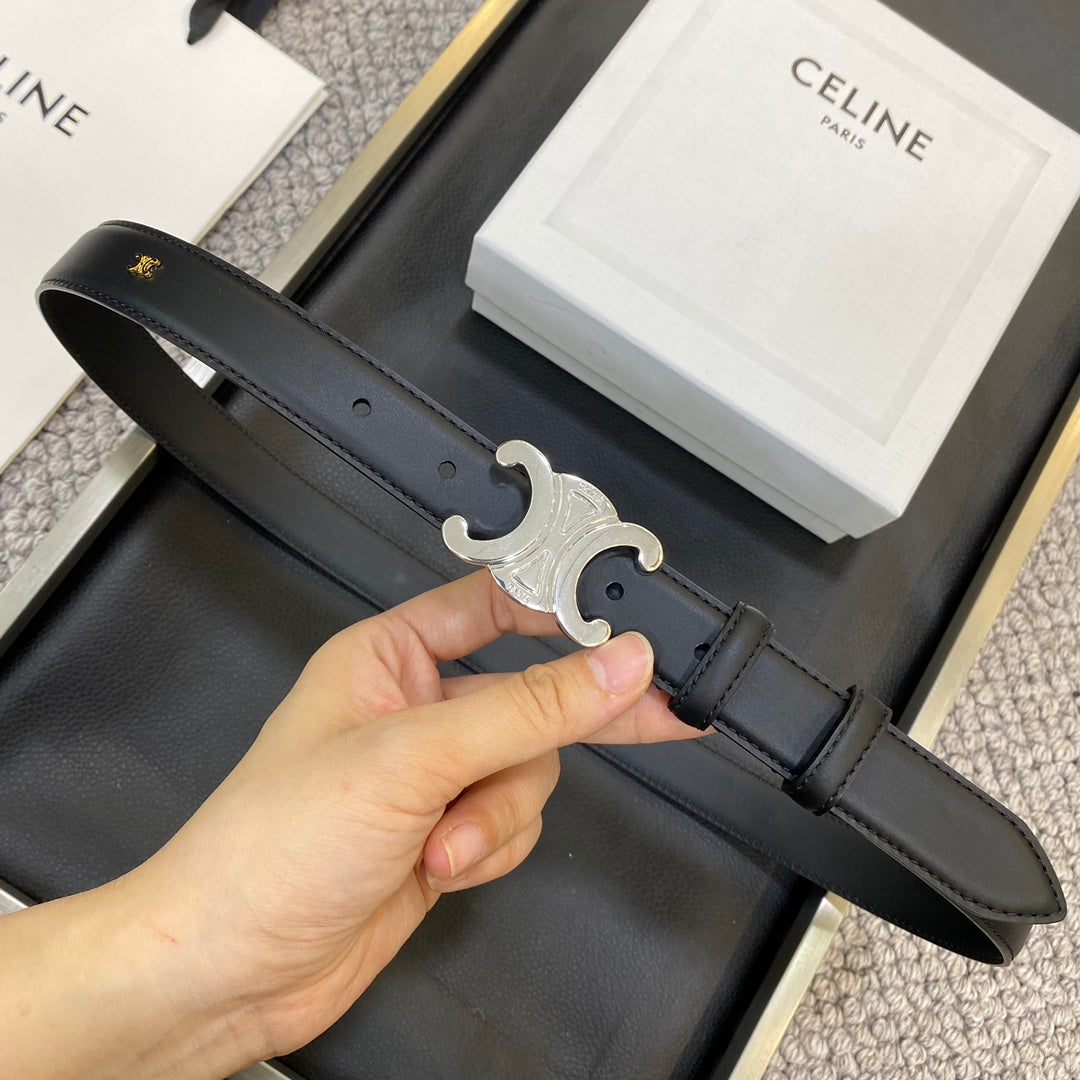 TRIOMPHE BELT 25MM IN BLACK CALFSKIN SILVER BUCKLE GOLD LOGO