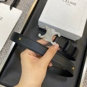 TRIOMPHE BELT 25MM IN BLACK CALFSKIN SILVER BUCKLE GOLD LOGO