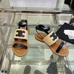 LYMPIAR FLAT STRAP SANDAL IN RAFFIA CALFSKIN BLACK BEIGE