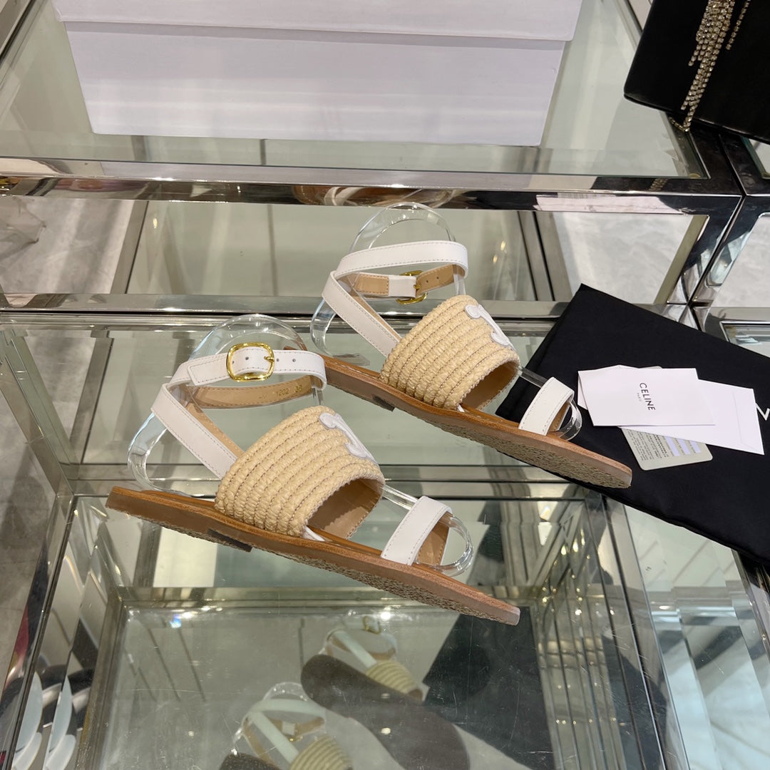 LYMPIAR FLAT STRAP SANDAL IN RAFFIA CALFSKIN WHITE BEIGE