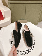 MINI BROCHE VIVIER BUCKLE LOAFERS IN BLACK PATENT CALFSKIN