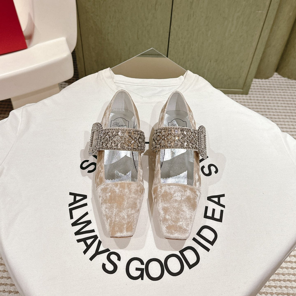 MARY JANES IN BEIGE VELVET WITH CRYSTAL EMBELLISHED STRAP