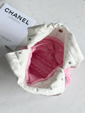 CHANEL 22 BAG 25S 42 CM IN PASTEL PINK MIX WHITE LAMBSKIN WITH WHITE HARDWARE