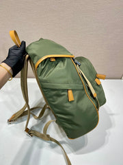 BACKPACK 45 IN SEAWEED GREEN RE-NYLON AND BROWN CALFSKIN TRIM