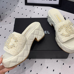 Double CC pearl platform sandals Sheepskin White