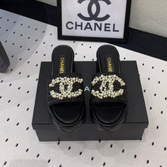 Double CC pearl platform sandals Sheepskin Black