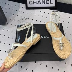 Double CC Vintage straw sandals replica designer shoe White Beige sheepskin