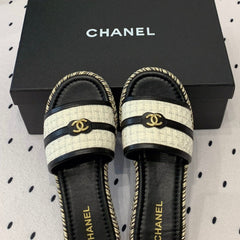 Double CC Women White Black Slippers Calfskin