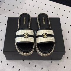 Double CC Women White Black Slippers Calfskin