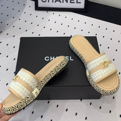 Double CC Women Beige Cream/ White Slippers Calfskin