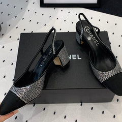 Double CC Rhinestone Slingback Sheepskin Silver Black