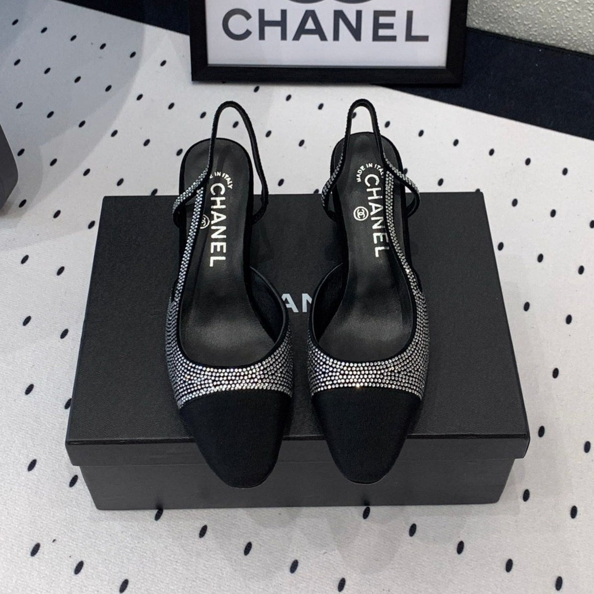 Double CC Rhinestone Slingback Sheepskin Silver Black