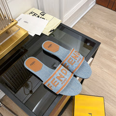 FENDI BAGUETTE SIGNATURE SLIDE IN LIGHT BLUE DENIM AND BROWN CALFSKIN