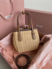 BASKET 20 BAG IN BROWN BEIGE WICKER AND LEATHER