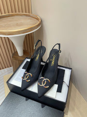 CC HIGH SLINGBACKS BLACK SATIN AND LAMBSKIN