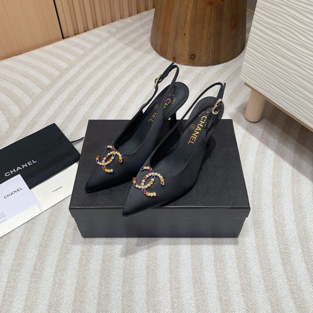 CC HIGH SLINGBACKS BLACK SATIN AND LAMBSKIN