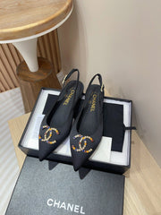 CC SLINGBACKS BLACK SATIN AND LAMBSKIN