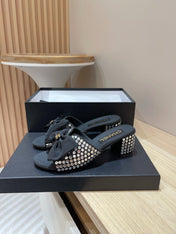 CC HIGH HEEL BLACK SATIN WITH WHITE RHINESTONES
