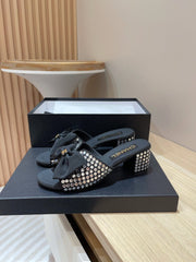 CC HIGH HEEL BLACK SATIN WITH WHITE RHINESTONES