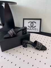 CC RHINESTONE LETTER HIGH HEELS BLACK AND WHITE LAMBSKIN