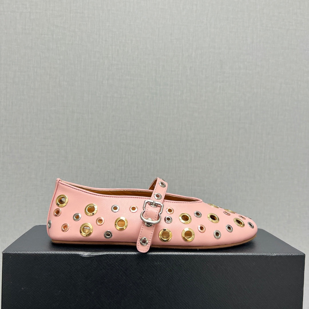 ALAIA MARY JANE SHOES IN LIGHT PINK LAMBSKIN GOLD MIX SILVER HARDWARE