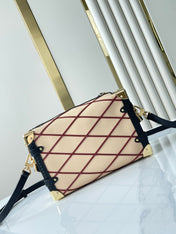 SIDE TRUNK 21 IN BEIGE RED LAMBSKIN WITH CRISS CROSS PATTERN GOLD HARDWARE