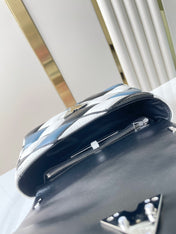 GO-14 MM 23 IN WHITE BLACK MIX STEEL BLUE QUILTED LAMBSKIN SILVER HARDWARE