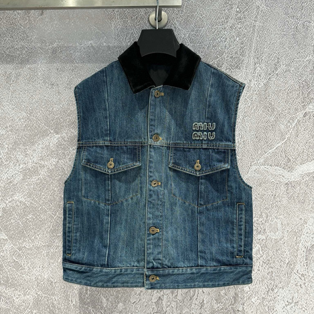 Miu Navy Denim Trucker Vest